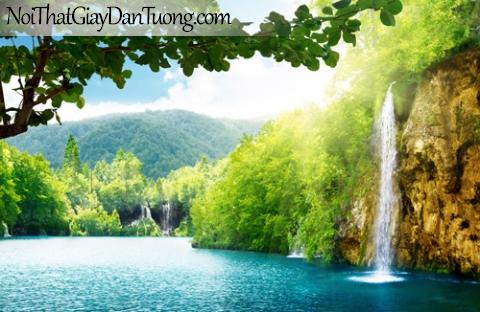 Tranh dán tường | thác nước bên hồ và cây xanh mướt