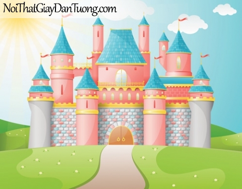 Tranh dán tường dành cho bé yêu, lâu đài màu hồng giữa bãi cỏ xanh DA4129