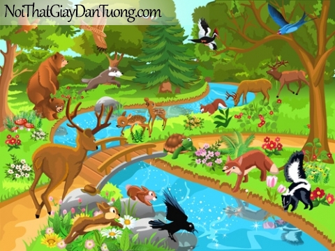 Tranh dán tường dành cho bé yêu, những con thú hoang dã trong khu rừng nhiệt đới bên con suối chảy qua rừng DA4127