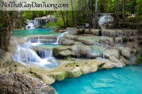 Tranh dán tường, thác nước chảy giữa rừng xanh với màu sắc và vẻ đẹp hiền hòa DA3105