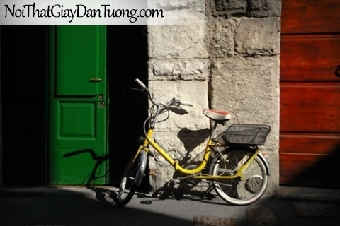 Tranh dán tường, chiếc xe đạp nằm giữa góc phố cổ kính DA7015