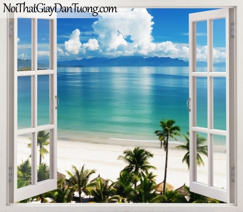 Tranh dán tường, bãi biển xanh với bờ cát trắng và những hàng dừa xanh 3D0010
