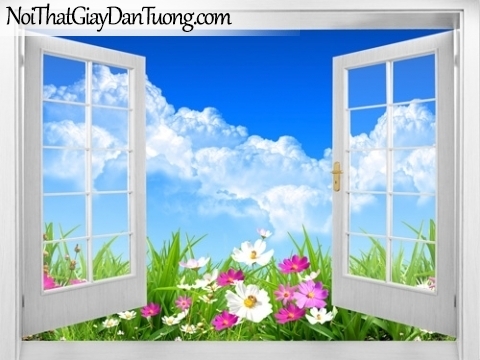 Tranh dán tường, cửa sổ mở ra với bầu trời xanh và những bông hoa đang khoe sắc 3D0014