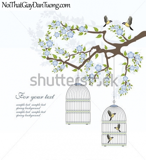 Tranh dán tường , những chú chim nhỏ nhỏ đàng đua giận trên cánh cây DA328