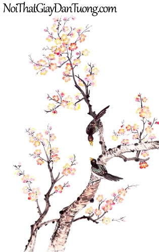 Tranh dán tường | Bức tranh 2 chú chim trên chành hoa đào sắc xuân DA2275