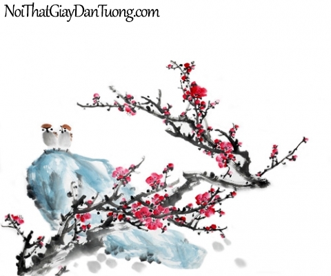 Tranh dán tường | Bức tranh 2 chú chim trên tảng đá bên cạnh chành hoa đào mùa xuân DA2274