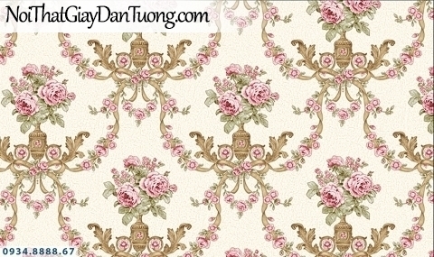 FLORIA | Giấy dán tường Floria 7701-4 | giấy dán tường hoa văn cổ điển màu hồng, phong cách Châu Âu