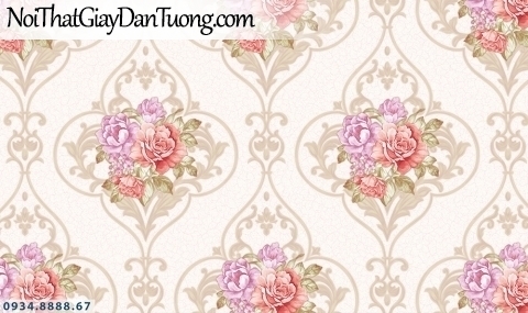 FLORIA | Giấy dán tường Floria 7704-2 | giấy dán tường bông hoa màu hồng nhạt, màu vàng kem, hoa văn cổ điển style Châu Âu