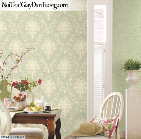 GRAVENTO | Giấy dán tường màu xanh ngọc, xanh lá cây, xanh cốm, hoa màu hồng, giấy cổ điển đẹp | Giấy dán tường Gravento TL345541