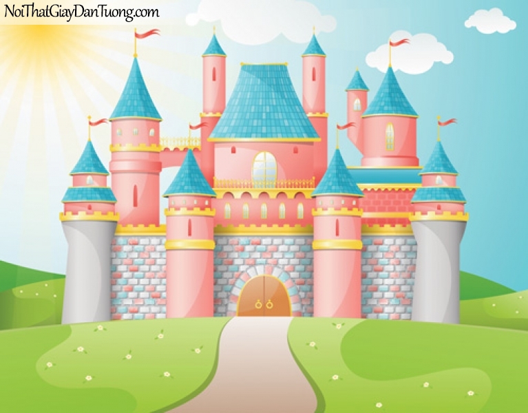 Tranh dán tường dành cho bé yêu, lâu đài màu hồng giữa bãi cỏ xanh DA4129