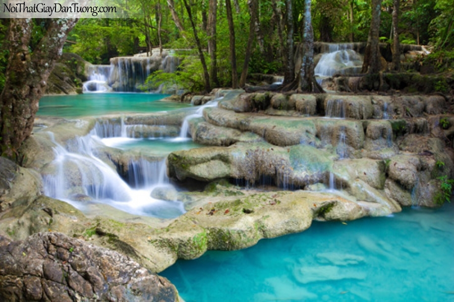 Tranh dán tường, thác nước chảy giữa rừng xanh với màu sắc và vẻ đẹp hiền hòa DA3105