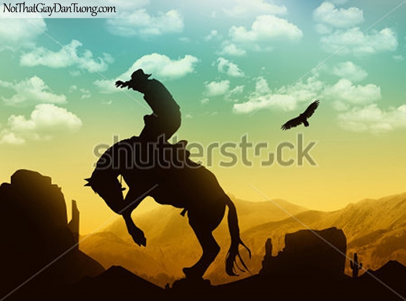 Tranh dán tường | người cao bồi cùng chú ngựa tung vó đá dưới ánh hoàng hôn DA036