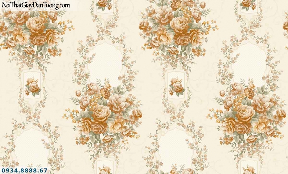 Lily | Giấy dán tường Lily 36006-2 | giấy dán tường bông hoa màu vàng, dây leo tường những chùm bông nhiều màu sắc đẹp