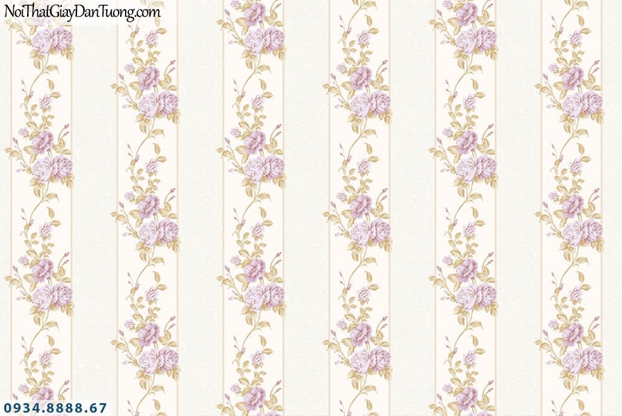 Martina | giấy dán tường Martina MGM1003 | giấy dán tường sọc bông hoa dạng dây leo màu tím, bông hoa tím sọc bản lớn, bản to