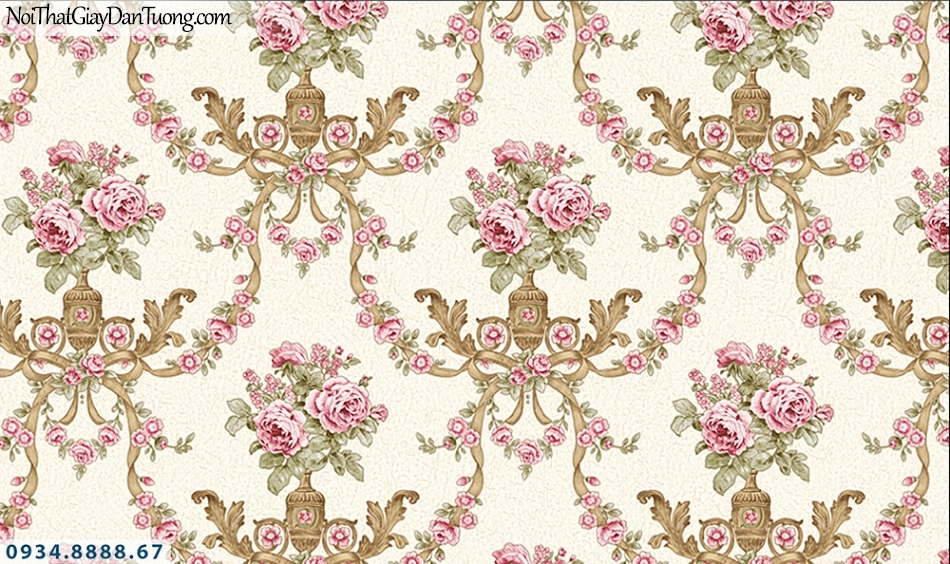 FLORIA | Giấy dán tường Floria 7701-4 | giấy dán tường hoa văn cổ điển màu hồng, phong cách Châu Âu