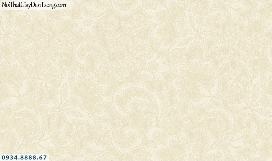 FLORIA | Giấy dán tường Floria 7707-3 | giấy dán tường hoa văn màu vàng kem, họa tiết hoa thêu trên vải