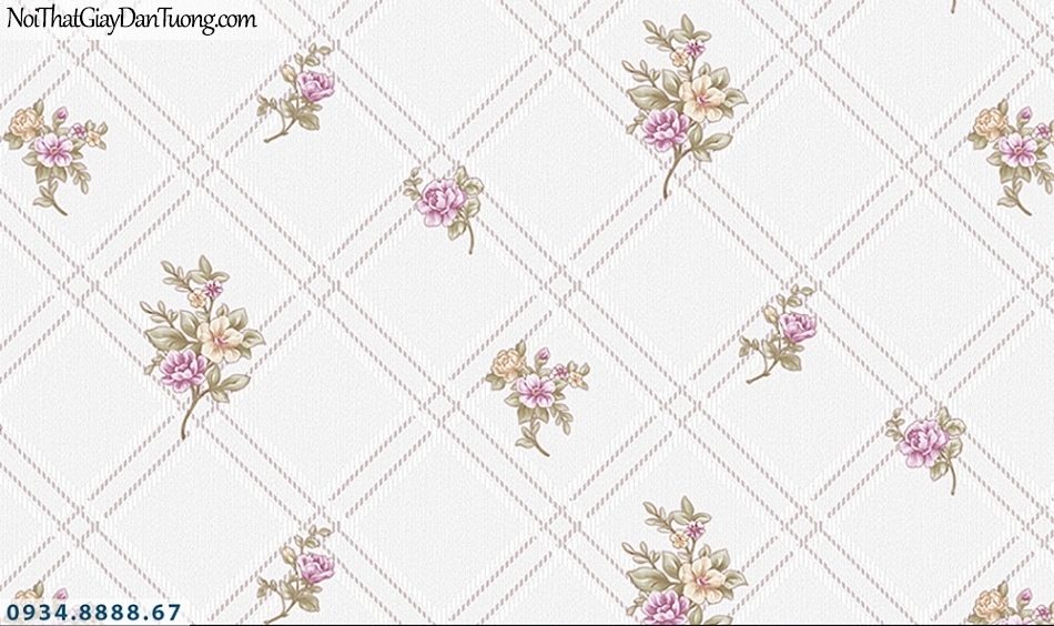 FLORIA | Giấy dán tường Floria 7711-3 | giấy dán tường kiểu ca rô màu tím nhạt, những bông hoa nhỏ rơi đều