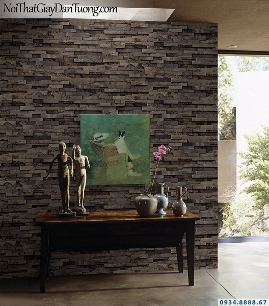 Giấy dán tường giả gạch, giả đá, giả gỗ 3D Stone Natural 85011-2 | Giấy dán tường giả đá màu nâu sẫm