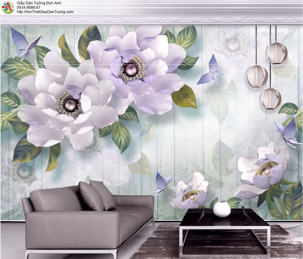 3320 - Tranh dán tường 3D bông hoa to màu tím, hoa lớn cho điểm nhấn