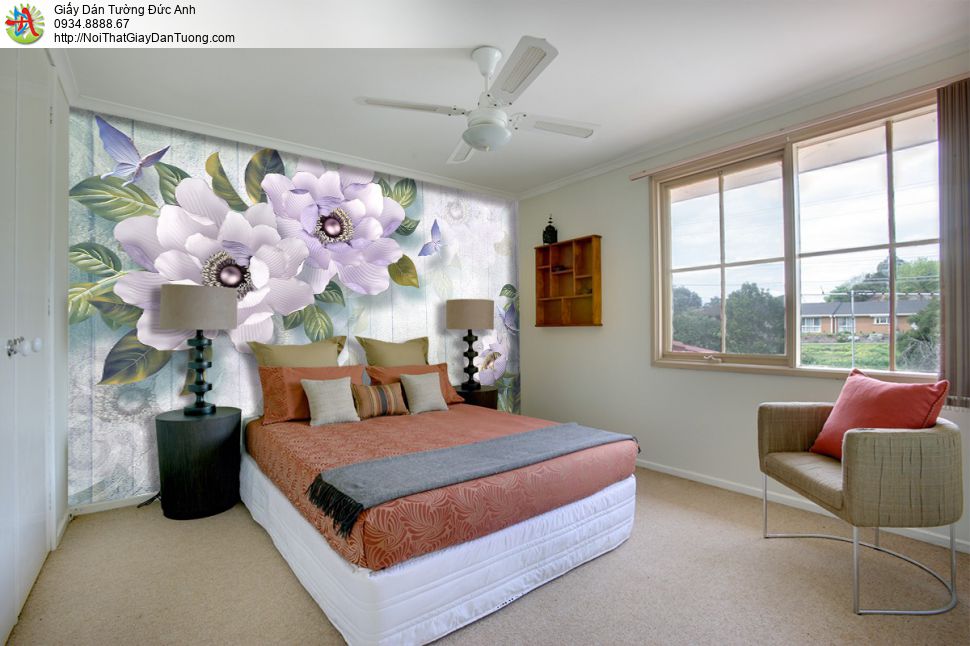 3320 - Tranh dán tường 3D bông hoa to màu tím, hoa lớn cho điểm nhấn