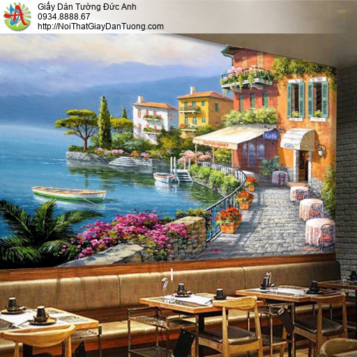 7538 - Tranh dán tường vẽ tay phong cảnh biển Châu Âu, tranh quán cafe