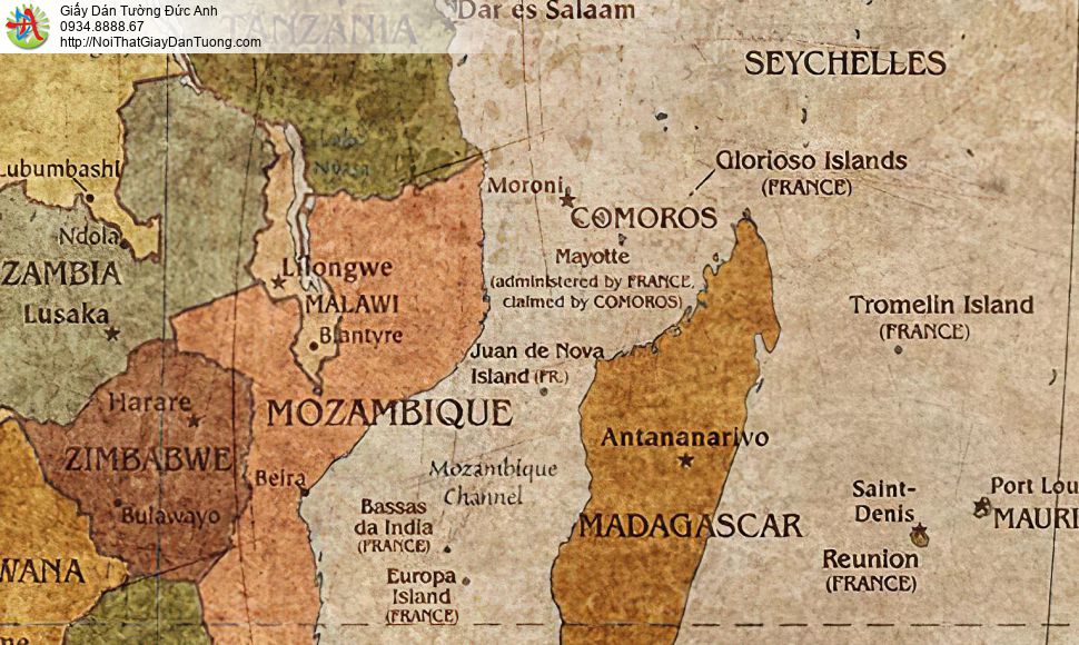 9545 - Tranh dán tường bản đồ thế giới, bản đồ cổ, bản đồ cũ màu vàng