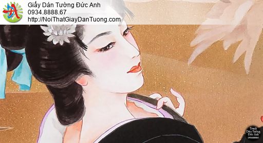 7539- Tranh dán tường geisha múa hát, tranh vẽ cô gái Nhật Bản múa hát
