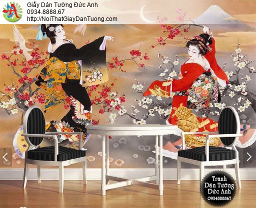 7539- Tranh dán tường geisha múa hát, tranh vẽ cô gái Nhật Bản múa hát