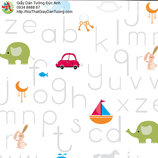 35015-2 Giấy dán tường dạng chữ cho trẻ em, con thú xe cộ, thuyền buồm