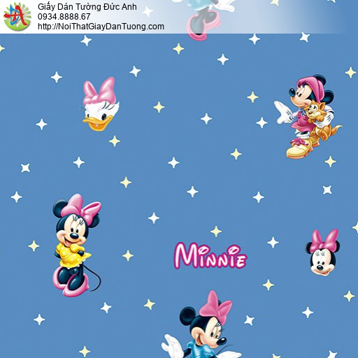Giấy dán tường hình Minnie Mouse của Disney cho bé, giấy trẻ em màu xanh dương, Happy story 6812-2B