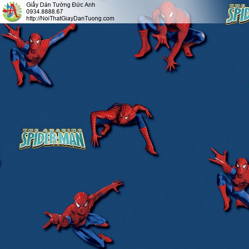 Giấy dán tường hình siêu anh hùng Spider-man màu xanh dương cho bé trai đẹp, Happy story 6813-2B