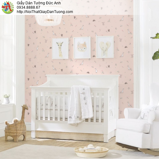 70237-1 Giấy dán tường họa tiết vịt, thỏ con và cỏ cây trên nền giấy màu hồng pastel siêu cấp dễ thương