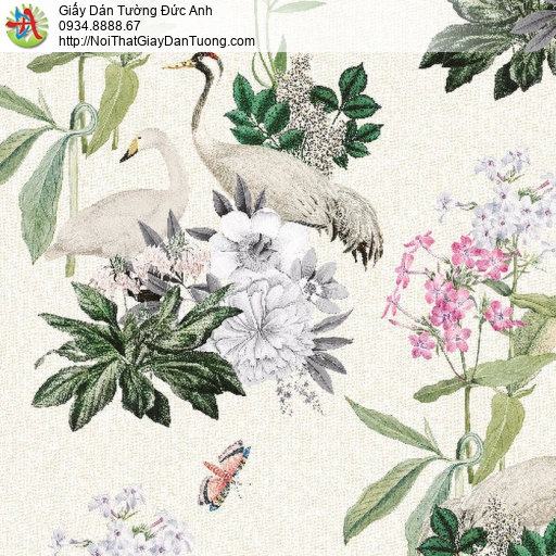 87442-1 Giấy dán tường phong cách indochine, hình ảnh con cò và hoa lá độc đáo ấn tượng