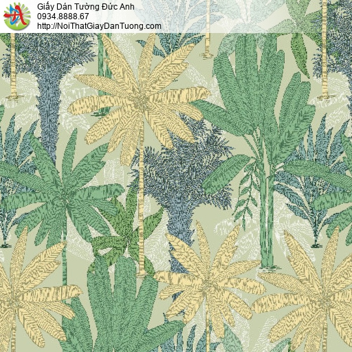 87448-1 Giấy dán tường phong cách tropical đơn giản, họa tiết cây cối trên nền giấy màu xanh lá nhạt tươi mới gần gũi
