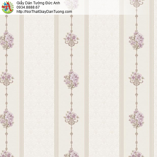 6516-3 Giấy dán tường sọc lớn họa tiết hoa tím cổ điển với gam giấy màu hồng xám nhạt 