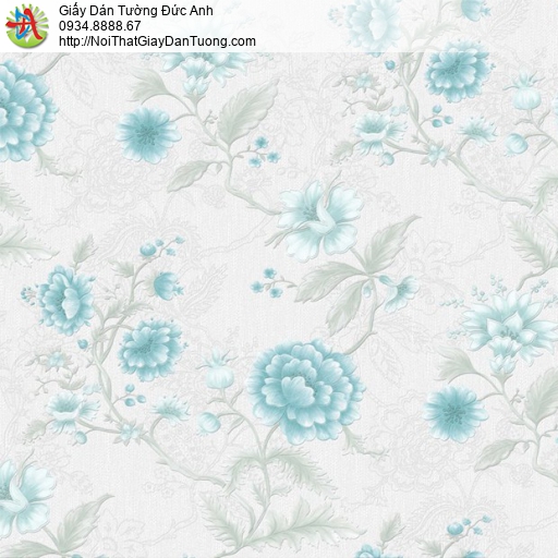35043 Giấy dán tường họa tiết bông hoa màu xanh ngọc bích lá màu xám nhạt hiện đại
