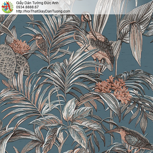 DE120016 Giấy dán tường họa tiết cây cối và chim trên nền giấy màu xanh nước biển phong cách indochine