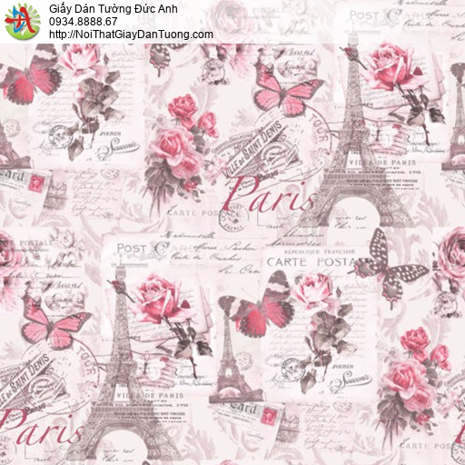 18003 - Giấy dán tường hoa bướm tháp Eiffel cổ điển, lá thư và con tem phong cách Pháp ngày xưa