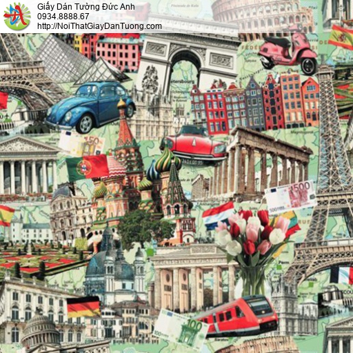 18011 Giấy dán tường họa tiết thủ đô Paris hiện đại với tháp Eiffel, xe ô tô nhà ở