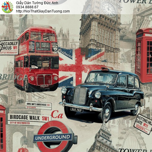 18031 Giấy dán tường hình ảnh xe bus, đồng hồ Big Ben và lá cờ nước Anh cổ điển