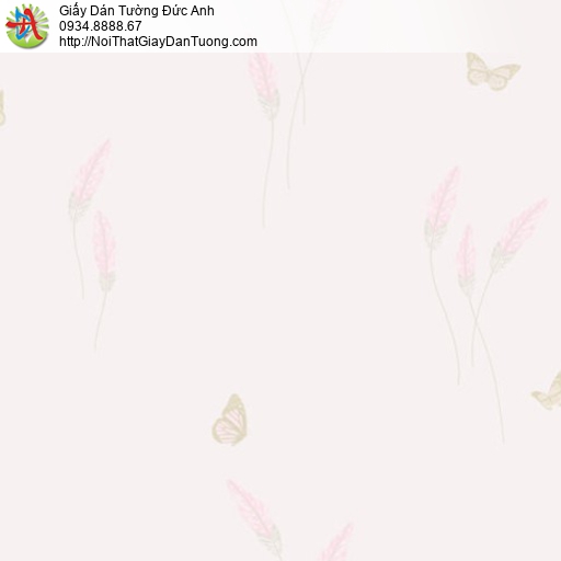 18081 Giấy dán tường màu hồng phấn họa tiết hoa cỏ may và chú bướm nhỏ ngọt ngào