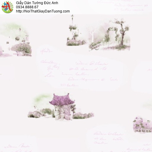 18091 Giấy dán tường màu hồng baby họa tiết ngôi nhà và cây cối mềm dịu