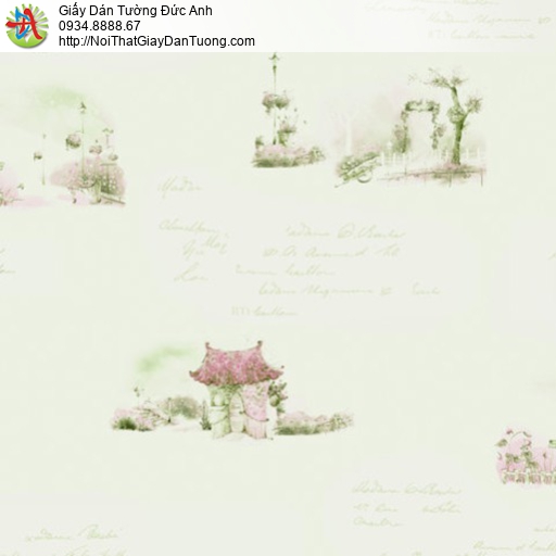18092 Giấy dán tường màu rêu nhạt họa tiết cây cối ngôi nhà teen