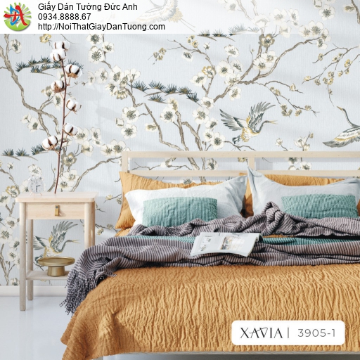 3905-1 Giấy dán tường họa tiết chim và hoa trên nền giấy màu xanh da trời tươi mới phong cách indochine