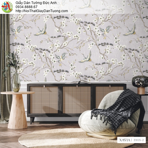 3905-2 Giấy dán tường phong cách indonchien họa tiết chim và hoa trên nền giấy màu xám nhạt đẹp mắt