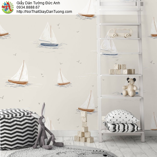 Giấy dán tường V-concept 7950-2, giấy dán tường thuyền và biển màu vàng kem nhạt dành cho bé yêu, trẻ em