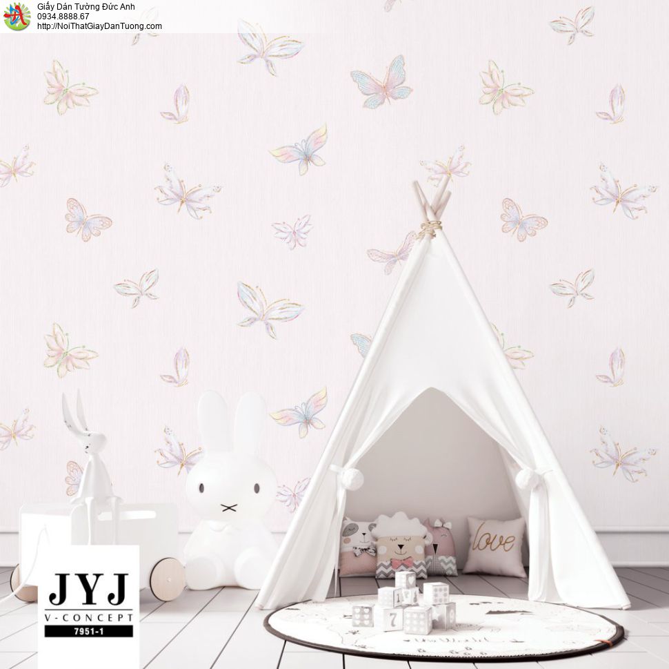 Giấy dán tường V-concept 7951-1, giấy dán tường dành cho trẻ em màu hồng, những con bướm bay sinh động dành cho bé yêu