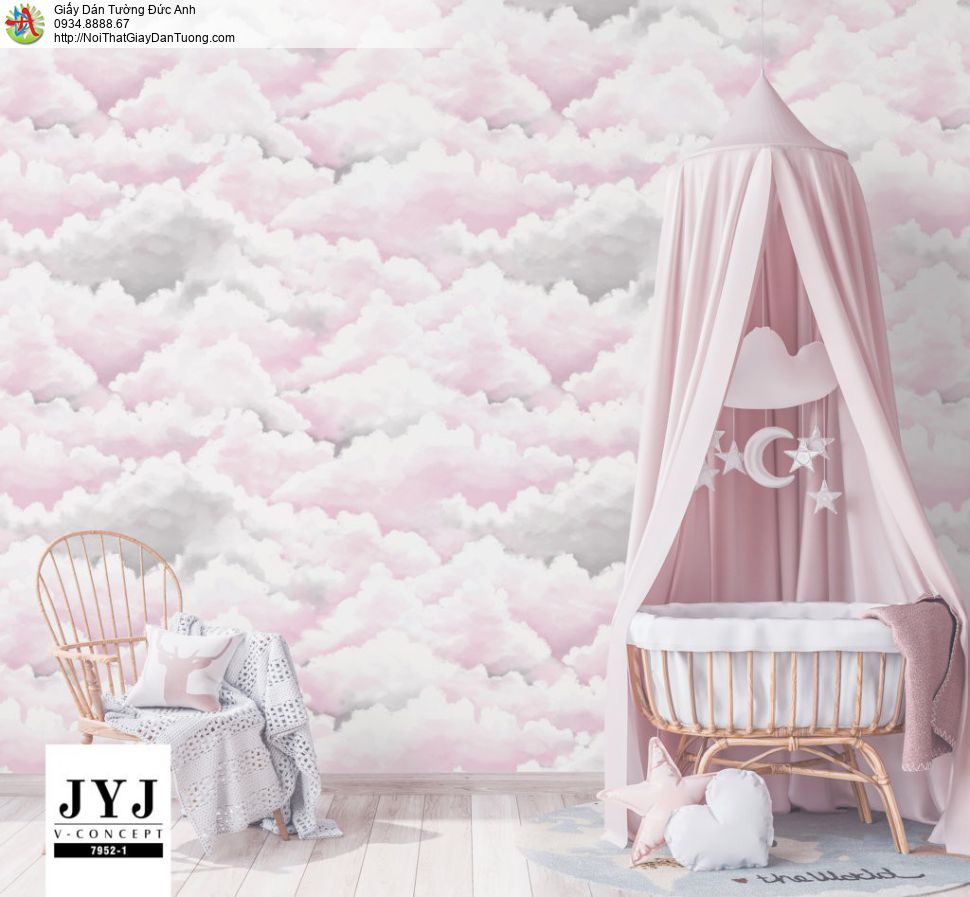 Giấy dán tường V-concept 7952-1, giấy dán tường hình đám mây, mây trời cho trẻ em, trời mây màu hồng dành cho bé yêu