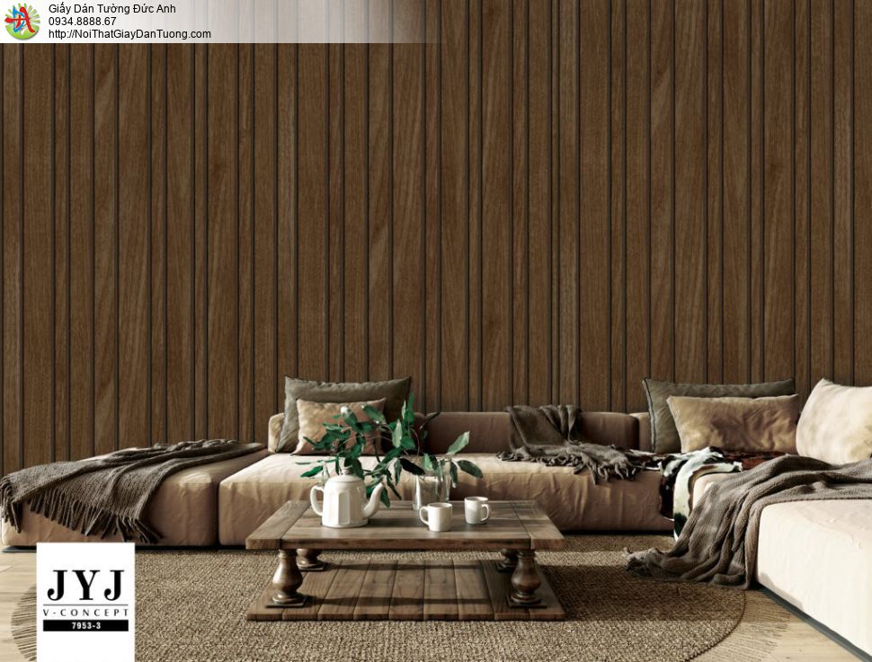 Giấy dán tường V-concept 7953-2, giấy dán tường giả gỗ màu nâu, các thanh gỗ xẻ thẳng hàng ấm cúng sang trọng