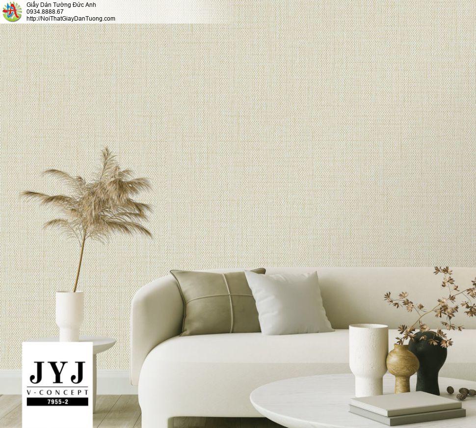 Giấy dán tường V-concept 7955-2, giấy dán tường màu vàng kem, giấy gân vải hiện đại sang trọng